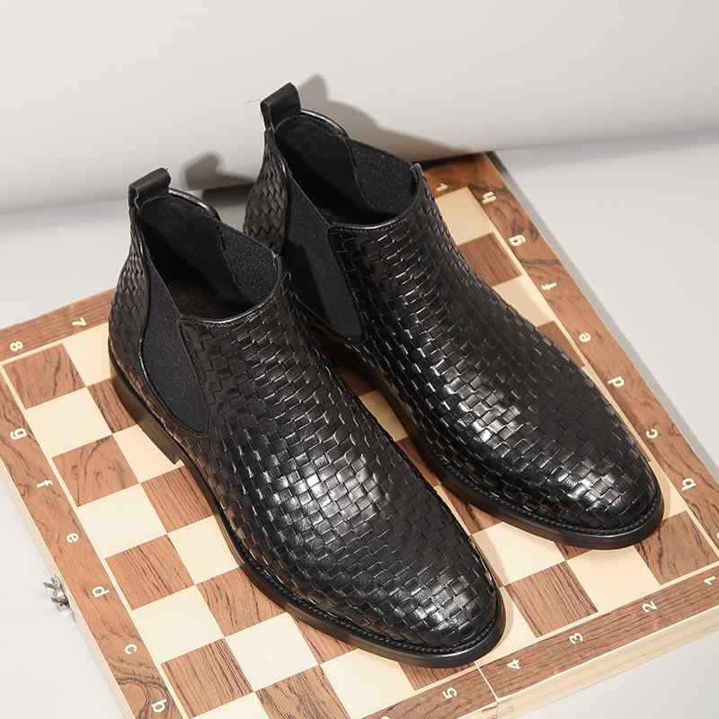 チェルシーブーツ メンズ 牛革 レザー 編み込み 英国風 紳士靴 ハイカット ショート ポインテッドトゥ サイドゴア スリッポン カジュアル 高級感 裏起毛 履きやすい 滑り止め 普段使い ブラック ブラウン 秋冬