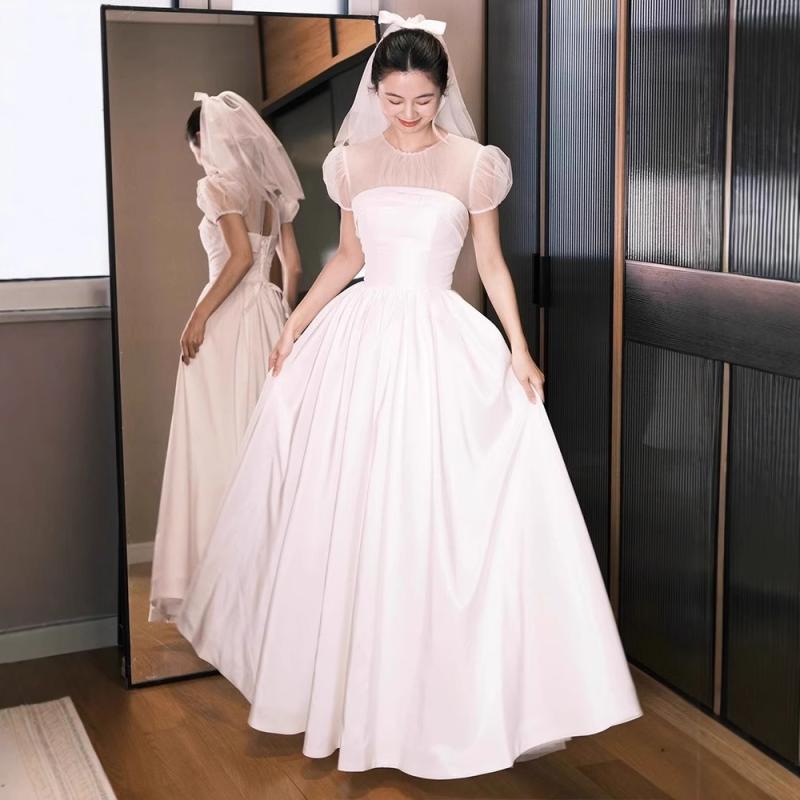 ウェディングドレス レディース 白 黒 結婚式 二次会 前撮り サテン ワンピース ハイウエスト Aライン 清楚 かわいい フェミニン カジュアル 春夏 ポリエステル 袖あり シンプル 上品 マキシ丈 無地 美シルエット