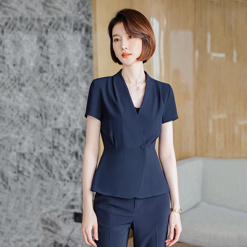 セットアップ レディース ビジネススーツ 事務服 マネージャー テーラードジャケット 半袖 春夏 タイトスカート スラックス 膝丈 通勤 接客 営業 ポリエステル ストレッチ 大きいサイズ ブラック ブルー ピンク