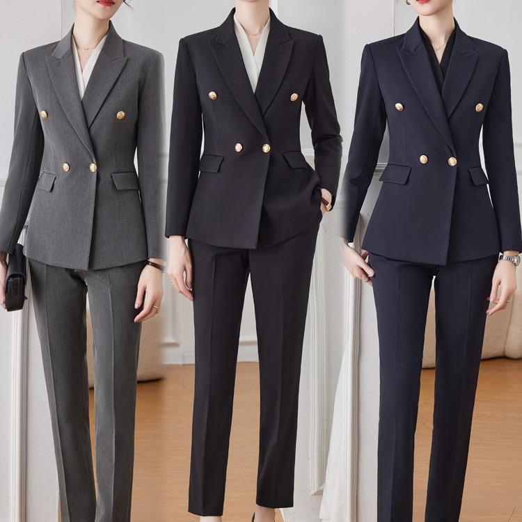 セットアップ レディース パンツスーツ スカートスーツ テーラードジャケット スラックス 9分丈 タイトスカート 長袖 シャツ 事務服 接客 通勤 高級感 春秋 厚手 ブラック ダークグレー ダークブルー ポリエステル