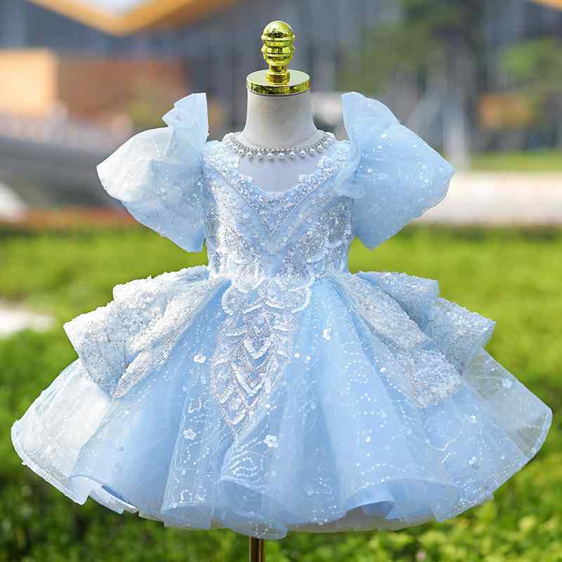 ドレス 女の子 キッズ 子供用 フォーマル プリンセスドレス ワンピース ブルー ピアノ 発表会 結婚式 演奏会 高級感 上品 エレガント チュール フリル フレア ノースリーブ ジュニア 100-150cm 裏地 透け感なし