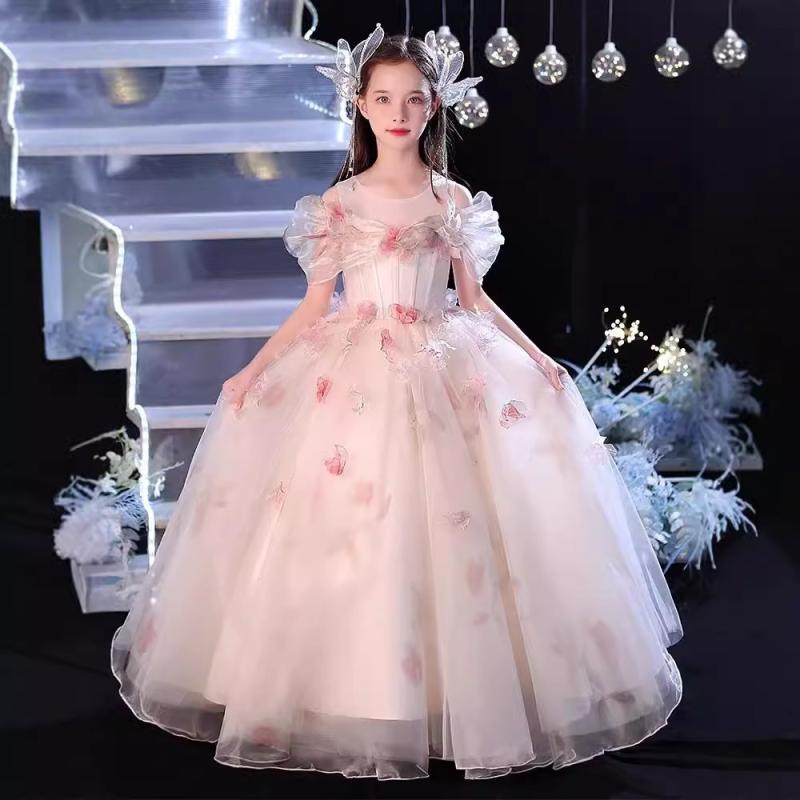 ドレス 女の子 キッズ 子供用 結婚式 発表会 ピアノ フォーマル チュール レース シャンパン 高級感 かわいい プリンセス ライン フレア ノースリーブ 100-160cm オールシーズン ポリエステル 混紡 上品 華やか 園児
