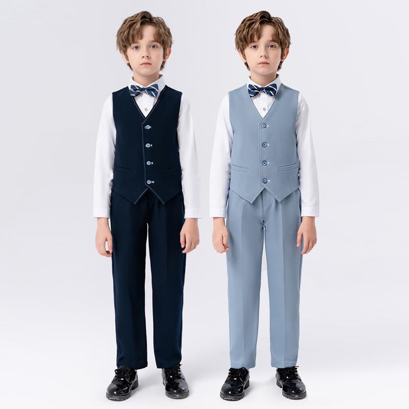 スーツ 男の子 セットアップ 上下セット フォーマル 礼服 英国風 ベスト シャツ ズボン 蝶ネクタイ シングルボタン 無地 春秋冬 結婚式 発表会 七五三 ネイビー グレーブルー 高級感 快適 ポリエステル 90-170cm