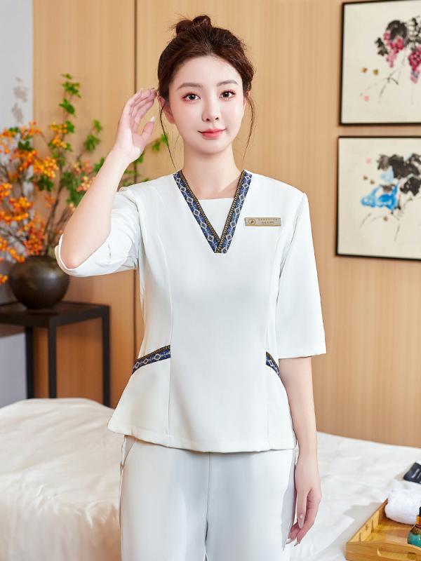 セットアップ レディース エステユニフォーム 制服 パンツスーツ 美容師 サロン スパ 春秋 ストレッチ 伸縮性 高級感 ポリエステル ホワイト ネイビー ブラウン ワークウェア 施術着 トップス 動きやすい 無地 清潔 上品 撥水 速乾 快適 通気 美
