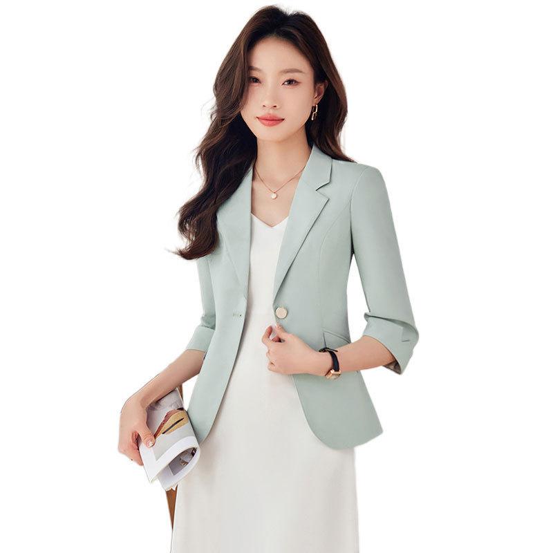 テーラードジャケット レディース セットアップ 春夏 七分袖 シングル 切り替え 事務服 通勤 オフィス ビジネス パンツスーツ 礼服 きれいめ 上品 上着 アウター ポリエステル 無地 ピンク アプリコット グリーン 洗える 薄手 軽量