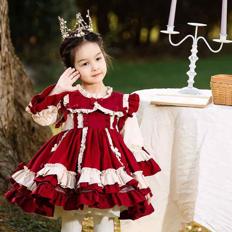 衣装 うしろ帯 キッズ 赤ちゃん ロリータ ロリィタ 御姫様 御召しもの 御姫様 綿 綿織物 秋冬 長袖 シュロの葉 飛び切り感 窈窕たる 可愛らしい フォーマル 告げ知らせる会 華燭の典 寄りあい ぶどう酒赤いこと ボルドーワイン 赤