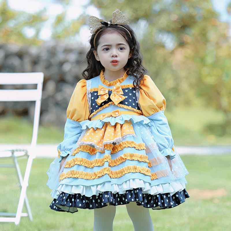 ワンピース 女の子 キッズ 子供服 ロリータ プリンセス ドレス ベロア ベルベット 長袖 ブルー 秋冬 かわいい おしゃれ 上品 高級感 発表会 結婚式 パーティー Aライン リボン フリル 80-150cm