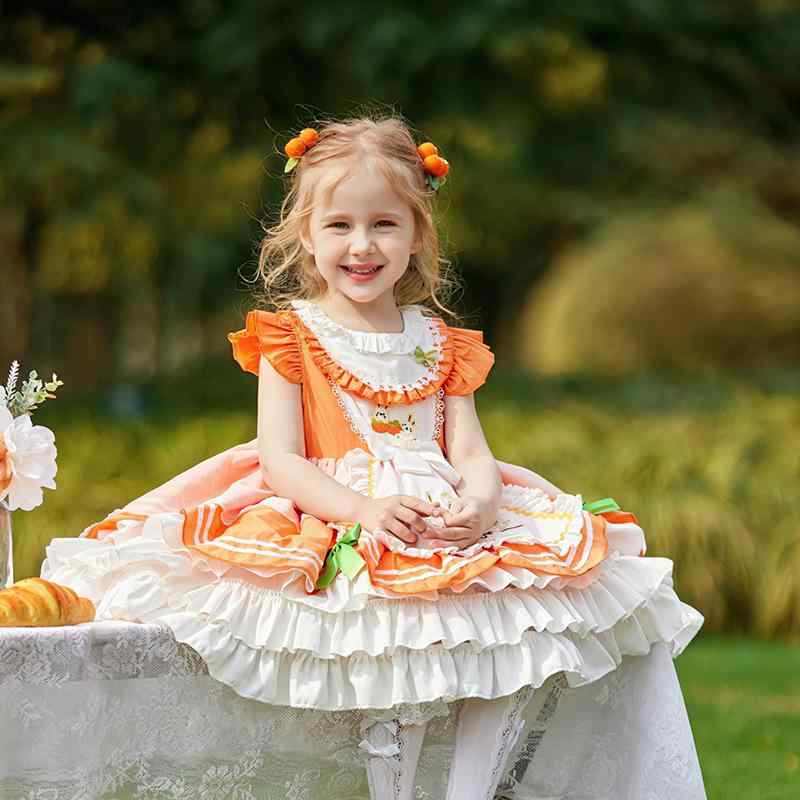 ワンピース 女の子 子供 キッズ ロリータ 春夏 ノースリーブ Aライン ふんわり ドレス 綿 コットン 花柄 プリント オレンジ かわいい 高級感 お出かけ パーティー 普段着