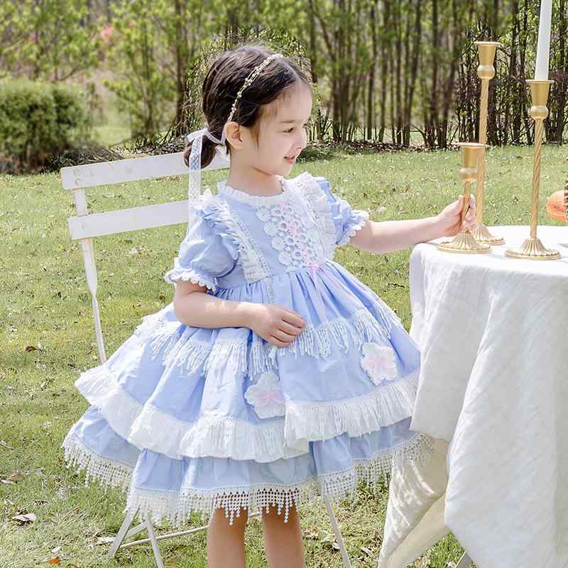 ワンピース キッズ 女の子 子供服 ロリータ プリンセス ドレス ティアード 半袖 春夏 ブルー コットン 綿 レース フリル ふんわり チュール Aライン パフスリーブ お出かけ 発表会 パーティー フォーマル かわいい 涼しい