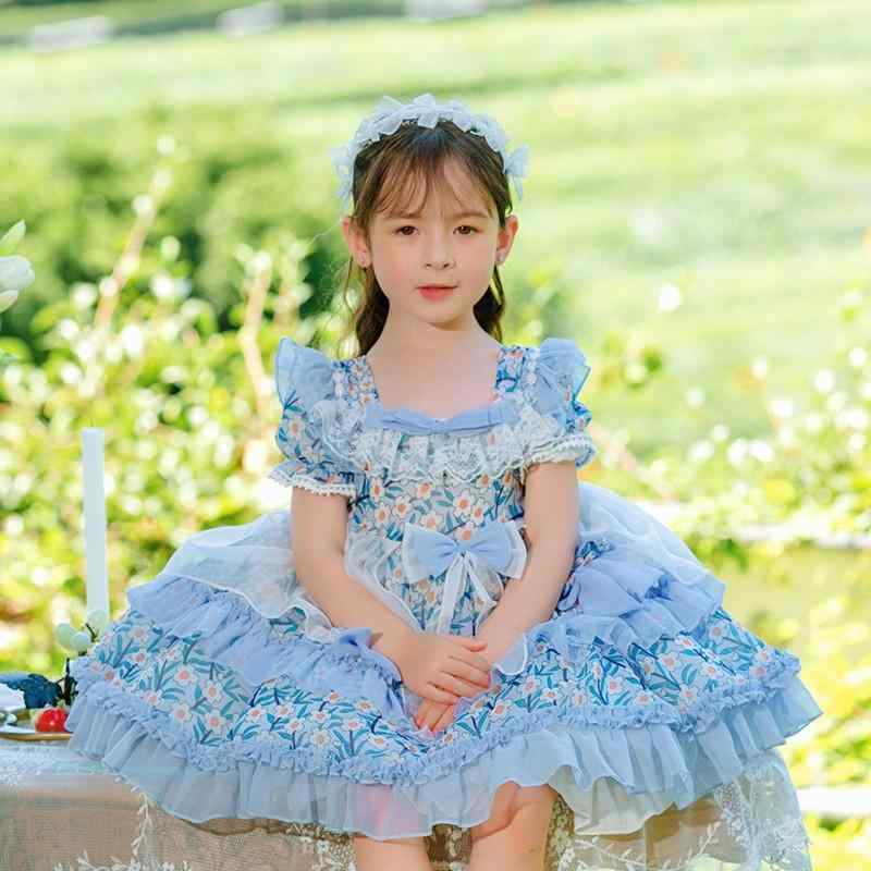 ワンピース 女の子 キッズ ロリータ ドレス 半袖 シフォン 花柄 小花柄 フリル ティアード パフスリーブ フレア 春夏 子供服 子供用 ガーリー プリンセス お出かけ 発表会 パーティー 涼しい 通気性 裏地 コットン ブルー