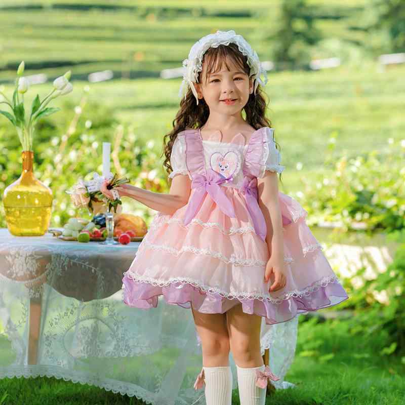 ワンピース 女の子 キッズ ベビー ロリータ プリンセス 半袖 夏 キャラクター かわいい フリル リボン ピンク 発表会 結婚式 誕生日 普段使い サテン 軽量 通気性 1歳 80-140cm 裏地綿 子供服 こども ジュニア ドレス 膝丈