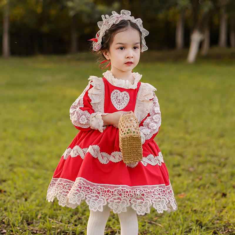 ワンピース 女の子 キッズ ベビー ロリータ ロリィタ スペイン風 ガーリー かわいい 裏起毛 長袖 レース リボン フレア 膝丈 Aライン チュチュ風 高級感 発表会 パーティー お呼ばれ 春秋 レッド 子供服 幼児