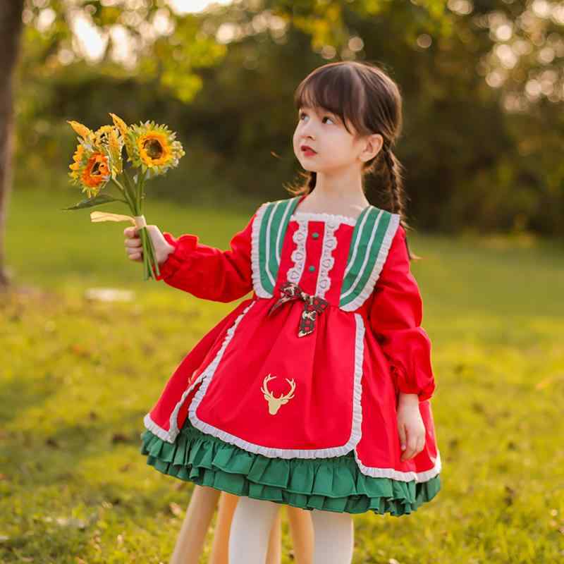 ワンピース 女の子 子供服 ベビー服 ロリータ ドレス スペイン風 裏起毛 秋冬 長袖 綿 コットン 暖かい 保温 防寒 Aライン フレア かわいい レッド お出かけ 通園 普段使い プリンセス レース フリル