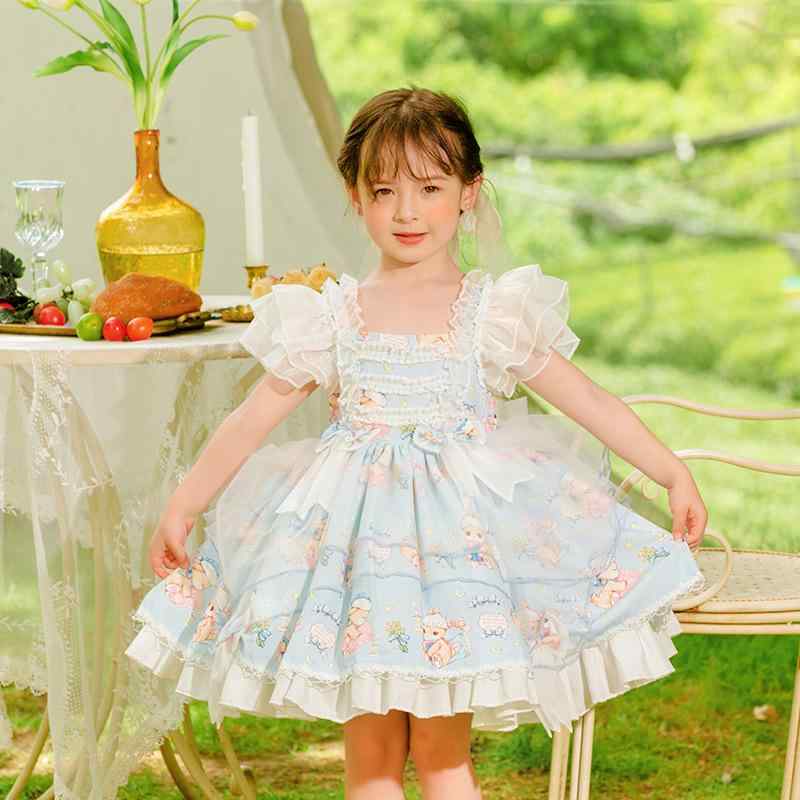 ワンピース 女の子 キッズ ロリータ ドレス プリンセス 子供服 発表会 公演用 結婚式 春夏 シフォン 綿 Aライン カートゥーン かわいい おしゃれ お姫様 ライトブルー サックス 半袖 フレア 膝丈 幼児 通気性