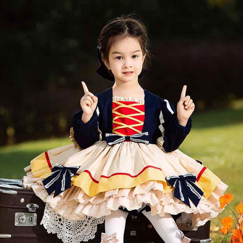 ワンピース キッズ 女の子 ロリィタ ドレス 子供服 裏起毛 厚手 秋冬 プリンセス Aライン フレア 発表会 結婚式 パーティー コットン 綿 リボン ネイビー 長袖 かわいい おしゃれ ふんわり チュチュスカート