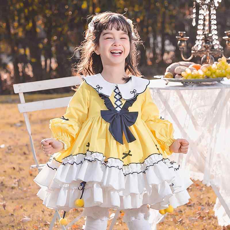 ワンピース 女の子 キッズ 子供用 ロリータ ロリィタ プリンセスドレス フレアスカート チュチュ 長袖 綿 コットン 天然素材 洋服 衣装 膝丈 高級感 基準 かわいい お出かけ 結婚式 発表会 春秋 黄 イエロー