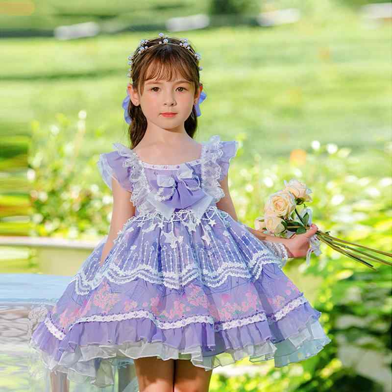 ワンピース 女の子 キッズ 子供服 ロリータ 春夏 シフォン レース フリル 高級感 紫 ティアード ノースリーブ パーティー 発表会 かわいい 姫系 ドレス ボリューム Aライン コットン 裏地 80-150cm
