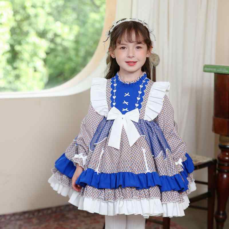 ワンピース 女の子 キッズ ロリータ プリンセス ドレス 長袖 小花柄 フラワープリント コットン 綿 秋冬 ブルー フレア 膝丈 Aライン フリル レース お出かけ 発表会 結婚式 かわいい 高級感 100-140cm