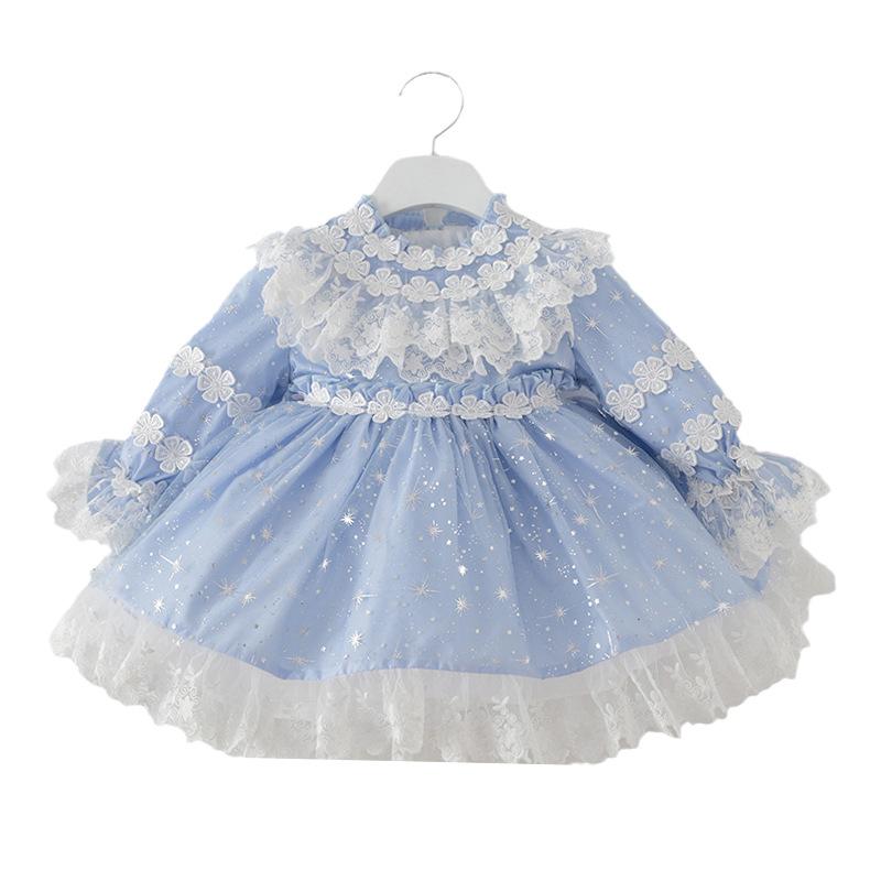 ワンピース 女の子 キッズ 子供 ベビー ロリータ プリンセス ドレス 春秋 長袖 綿 コットン レース チュール チュチュ フリル 花柄 ライトブルー お姫様 発表会 結婚式 パーティー お出かけ かわいい フレア