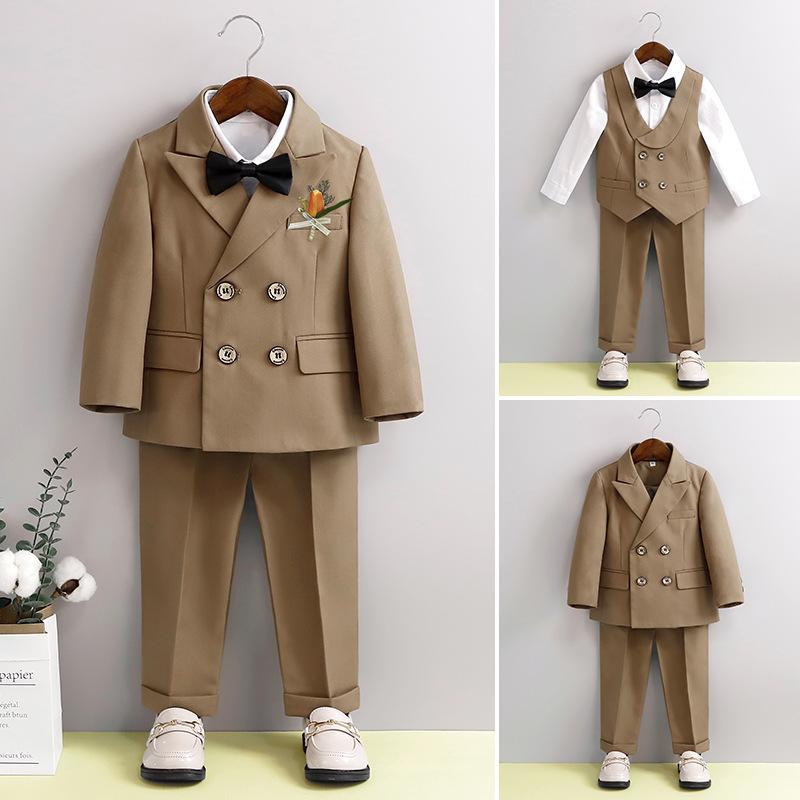 スーツ 男の子 セットアップ キッズ ベビー フォーマル 春秋冬 コーヒー 無地 英国風 ダブルボタン ジャケット ロングパンツ ベスト シャツ 蝶ネクタイ 結婚式 発表会 七五三 子供服 柔らかい 高級感 上品 80-150cm