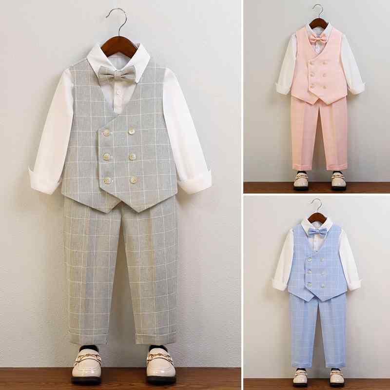 スーツ 男の子 キッズ 春秋 セットアップ フォーマルスーツ 子供服 上下セット 結婚式 発表会 七五三 チェック柄 英国風 Vネック 礼服 演奏会 衣装 カーキ グレー ブルー 高級感 かわいい おしゃれ かっこいい