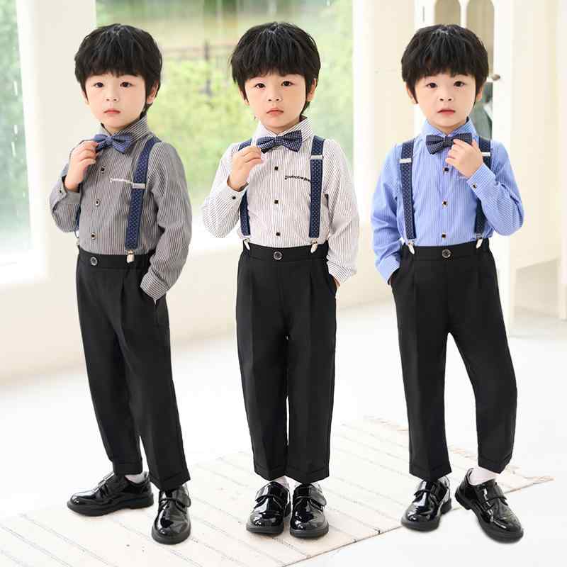 セットアップ 男の子 キッズ フォーマル スーツ 秋冬 長袖 シャツ ストライプ柄 サスペンダー パンツ 蝶ネクタイ 礼服 結婚式 発表会 七五三 1歳 演奏会 コットン 高級感 おしゃれ 韓国 ホワイト ブルー ブラック