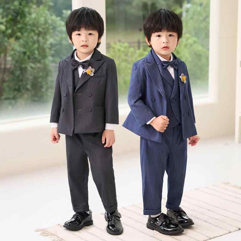 スーツ 男の子 キッズ セットアップ フォーマル 紳士服 ジャケット ベスト パンツ シャツ 蝶ネクタイ ストライプ 発表会 結婚式 七五三 冠婚葬祭 英国風 トラッド クラシック かっこいい 子供服 秋冬 ブルー グレー