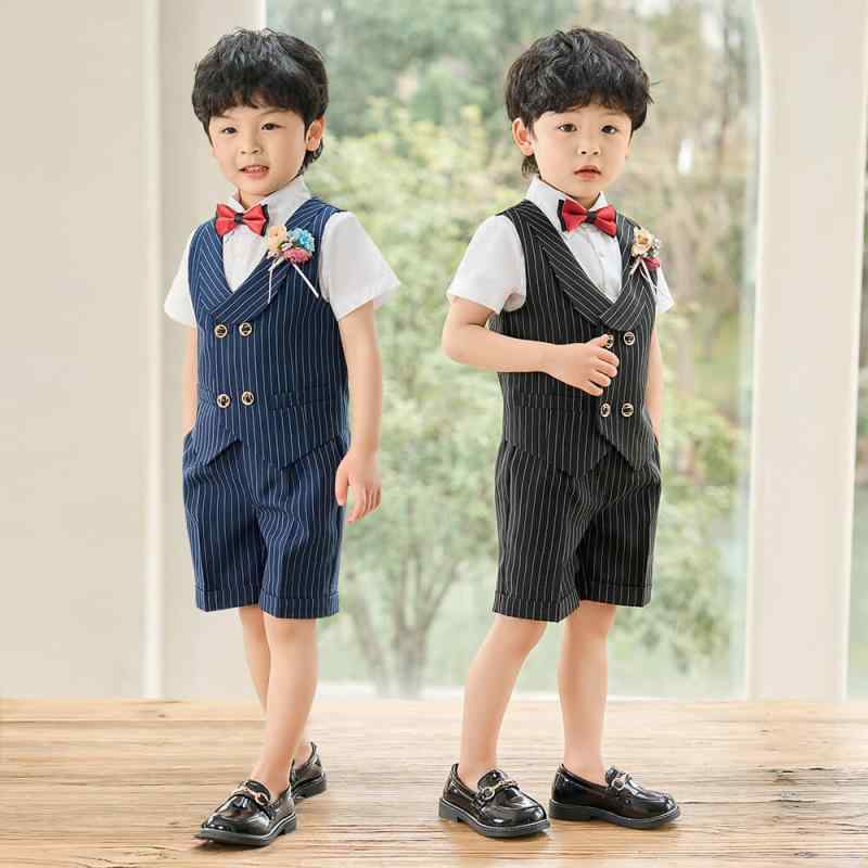 スーツ 男の子 キッズ ベビー 子供 セットアップ フォーマル 英国風 ブリティッシュ ストライプ 縞模様 春夏 半袖 短パン ダブルボタン 結婚式 発表会 七五三 ブラック ネイビー ポリエステル 高級感 通気性 軽量