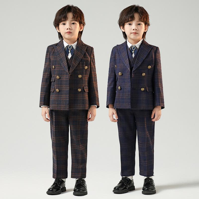 スーツ 男の子 キッズ セットアップ フォーマル 子供用 チェック柄 結婚式 発表会 冠婚葬祭 礼服 テーラードジャケット スラックス ベスト ジュニア ダブルボタン おしゃれ 高級感 ブラウン ブルー 春夏 通気性 軽量 90-170cm 4,754円