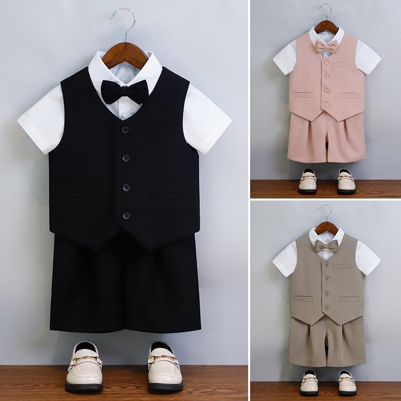 セットアップ 男の子 子供 ベスト スーツ フォーマル 礼服 春夏 発表会 結婚式 七五三 英国風 おしゃれ 高級感 キッズ ジュニア 通気性 柔らかい 無地 短パン 長ズボン 蝶ネクタイ ブラック グレー カーキ 90-160cm