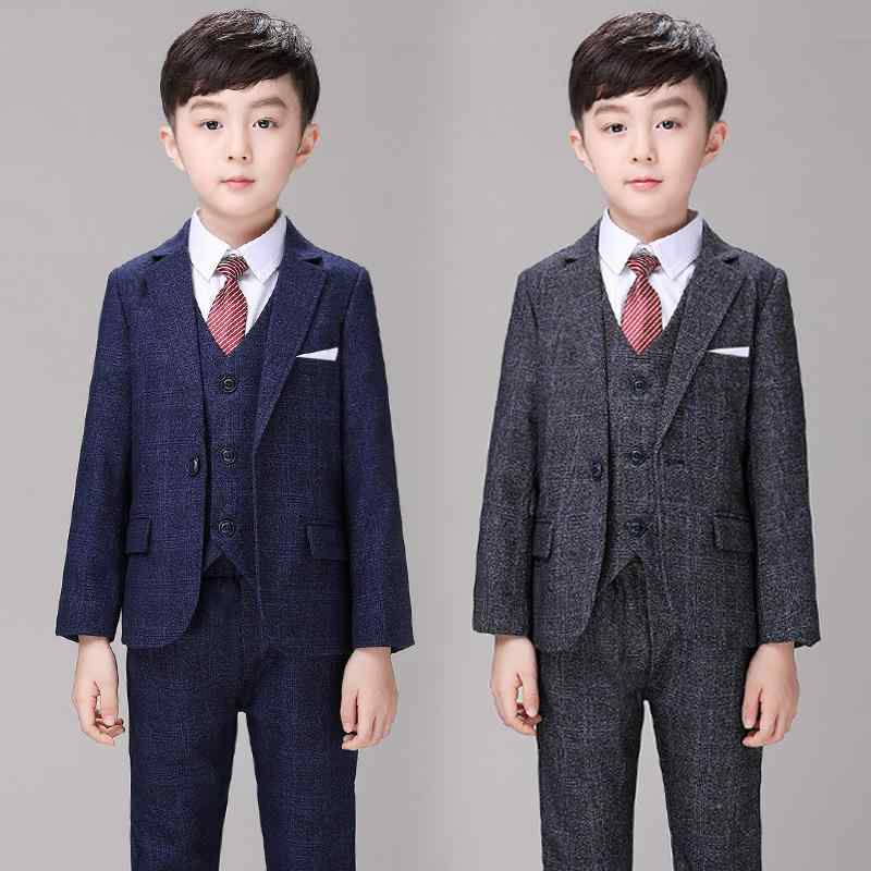 スーツ 男の子 キッズ フォーマル セットアップ 英国風 チェック柄 テーラードジャケット ロングパンツ スリーピース 結婚式 発表会 お呼ばれ 春秋冬 ブルー グレー 高級感 ポリエステル 柔らかい 裏起毛