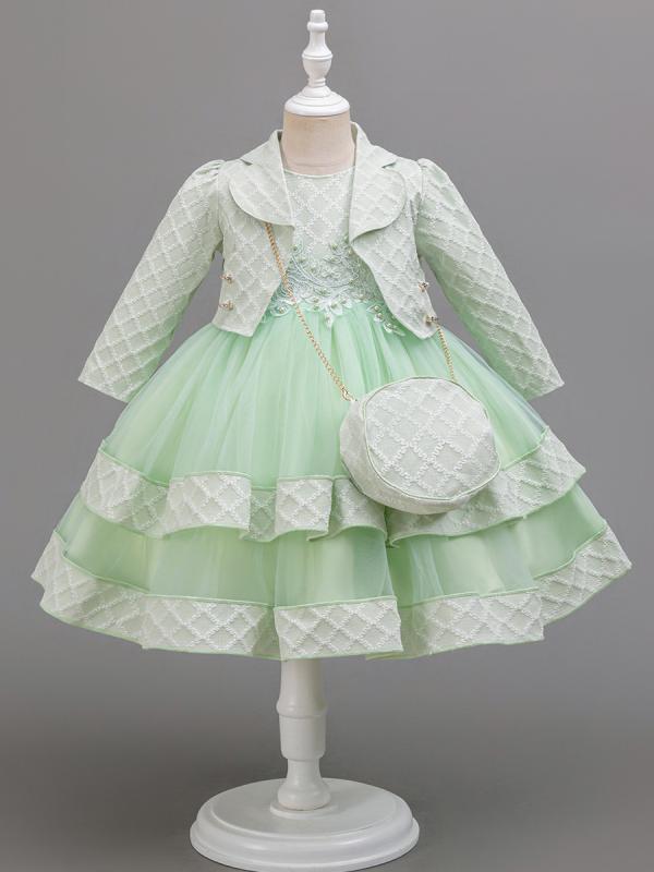 ワンピース 女の子 子供服 ドレス フォーマル セットアップ 高級感 チュール パニエ プリンセス ベスト ジャケット 発表会 結婚式 七五三 春夏秋 コットン混 110-160cm レース フリル かわいい レッド スカイブルー ピンク