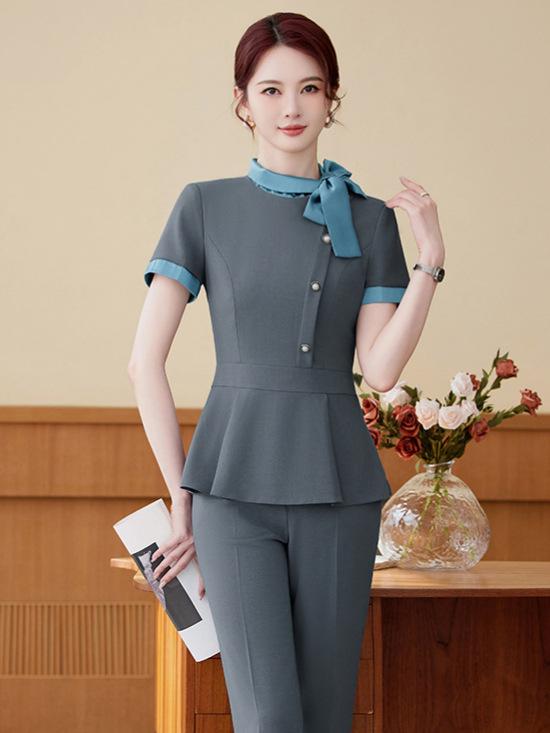 セットアップ レディース 制服 受付 接客 ホテル パンツスーツ スカート 半袖 春夏 きれいめ エレガント 高級感 ストレッチ 伸縮性 グレー ブルー 大きいサイズ フォーマル オフィス ビジネス ユニフォーム