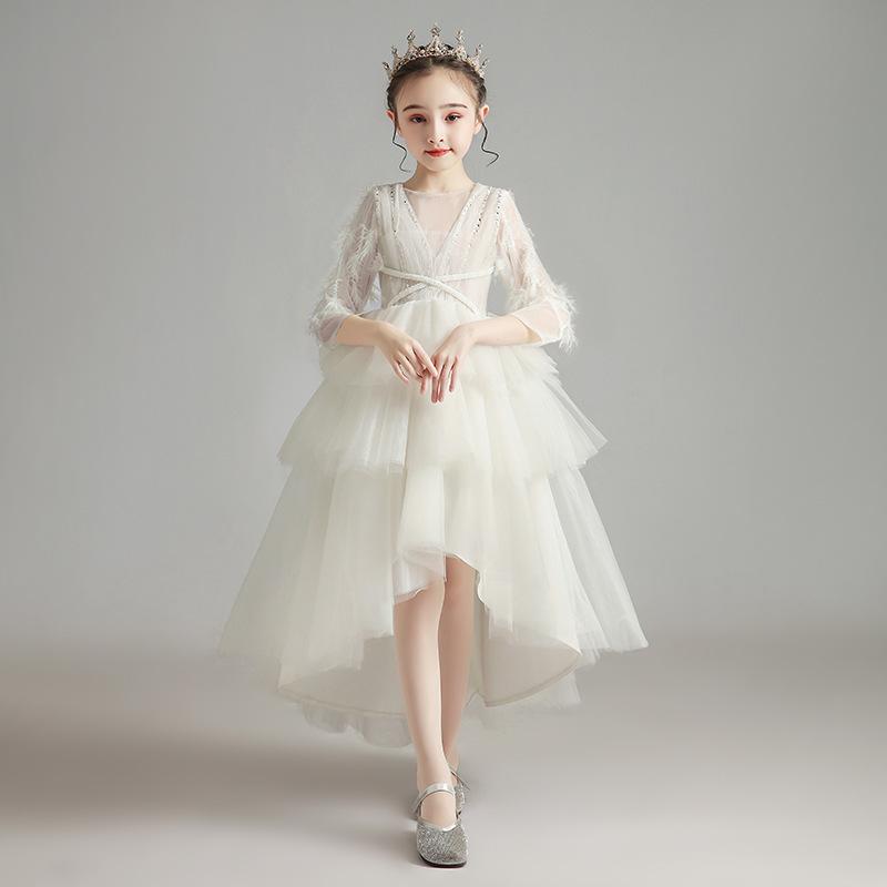 ドレス 女の子 フォーマル 発表会 結婚式 七五三 秋冬 長袖 プリンセス チュール フラワーガール ワンピース 子供服 キッズ 衣装 ポリエステル ホワイト シャンパン ピンク 110-160cm 高級感 裏地あり ふんわり