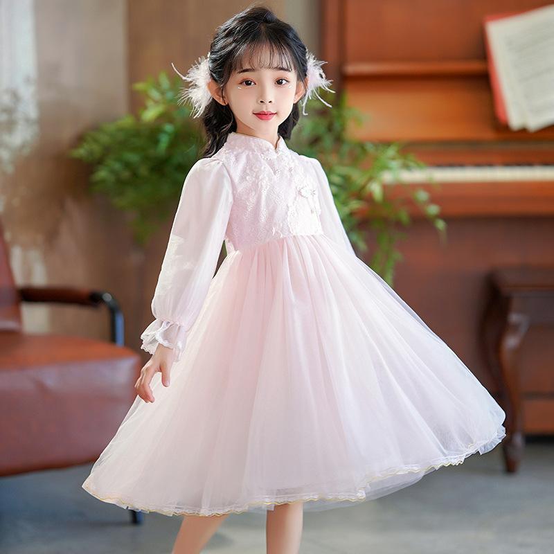チャイナドレス 女の子 キッズ ワンピース 長袖 レース 春秋 子供服 フォーマル かわいい 発表会 結婚式 誕生日 100-150cm 柔らかい ピンク アプリコット 裏地 高級感 膝丈 ガーリー 立ち襟 コットン裏地 快適