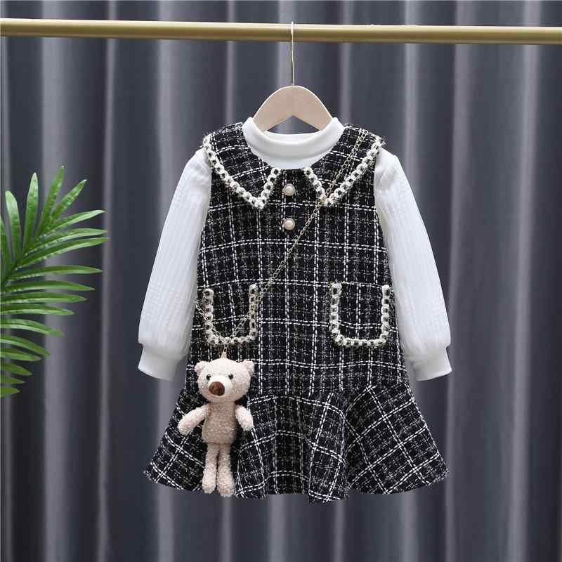 セットアップ ガールズ キッズ 子供服 ワンピース ジャンパースカート 長袖 ツイード調 チェック柄 秋冬 厚手 裏起毛 暖かい 防寒 上品 きれいめ 入園式 フォーマル プリンセス かわいい ブラック ホワイト コットン