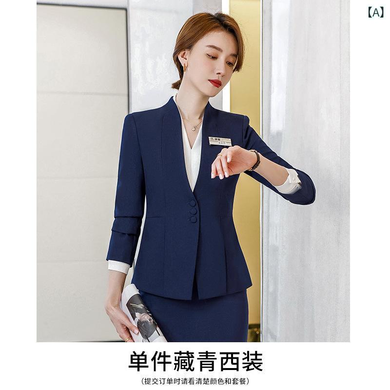 スーツ レディース 春秋 セットアップ 上下セット ジャケット パンツ スカート ブラウス 事務服 制服 接客 仕事 通勤 オフィス フォーマル きれいめ 高級感 長袖 ポリエステル ネイビー グレーブルー ブラック