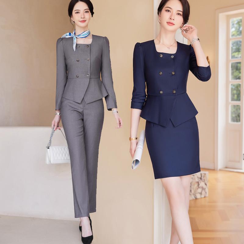 セットアップ レディース スーツ 高級感 秋冬 テーラードジャケット 事務服 エレガント 上品 きれいめ OL 通勤 オフィスカジュアル 制服 美容院 ジュエリーショップ 正装 長袖 タイトスカート スラックス ブラック ブルー ライトグレー