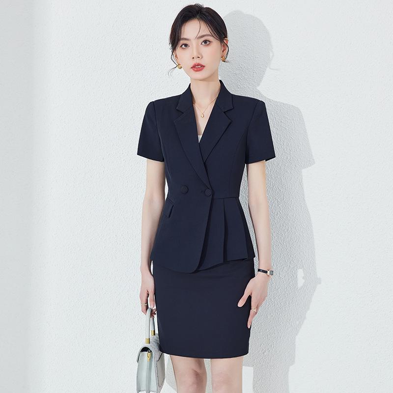 スーツ レディース 春夏 セットアップ 半袖 ジャケット タイトスカート 上下セット 通勤 接客 事務服 膝丈 ストレッチ 無地 ポリエステル 高級感 かわいい 涼しい スリム ミニスカート ネイビー ブラック ホワイト