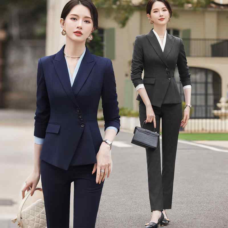 スーツ レディース セットアップ ジャケット ロングパンツ スラックス ビジネス オフィス 接客 事務 制服 高級感 長袖 ストレッチ 伸縮性 ウォッシャブル ポリエステル ダークグレー ブルー 紺 春夏 40代 上品