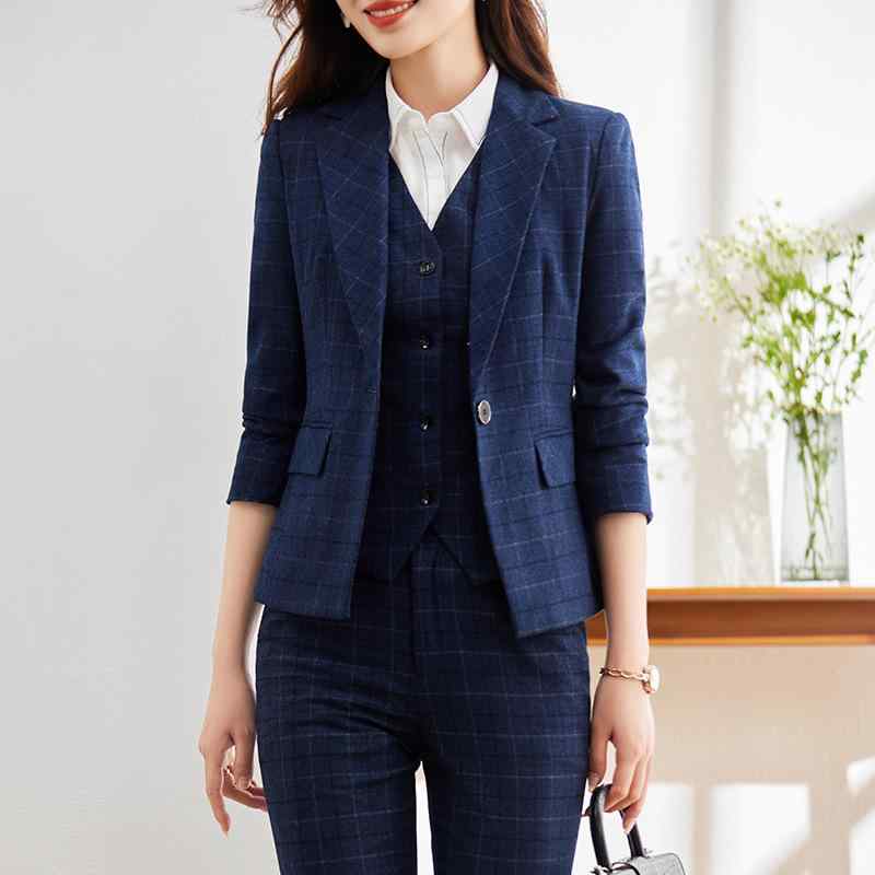 テーラードジャケット レディース ロイヤルブルー チェック柄 春秋 セットアップ 面接 通勤 ビジネス 事務服 長袖 ストレッチ 伸縮性 高級感 上品 きれいめ アウター ポリエステル 形態安定