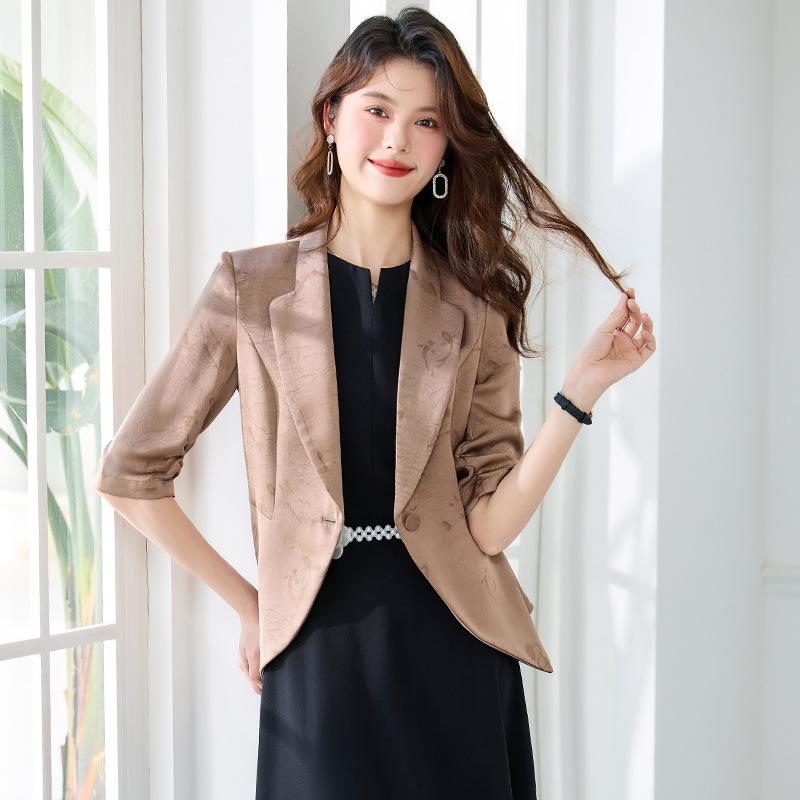 テーラードジャケット レディース 春夏 通勤 オフィス 事務服 七分袖 五分袖 アウター トップス 上品 きれいめ Aライン ウエストマーク 薄手 軽量 涼しい 接触冷感 ポリエステル 切り替え コーヒー ホワイト シャンパン 無地 フォーマル
