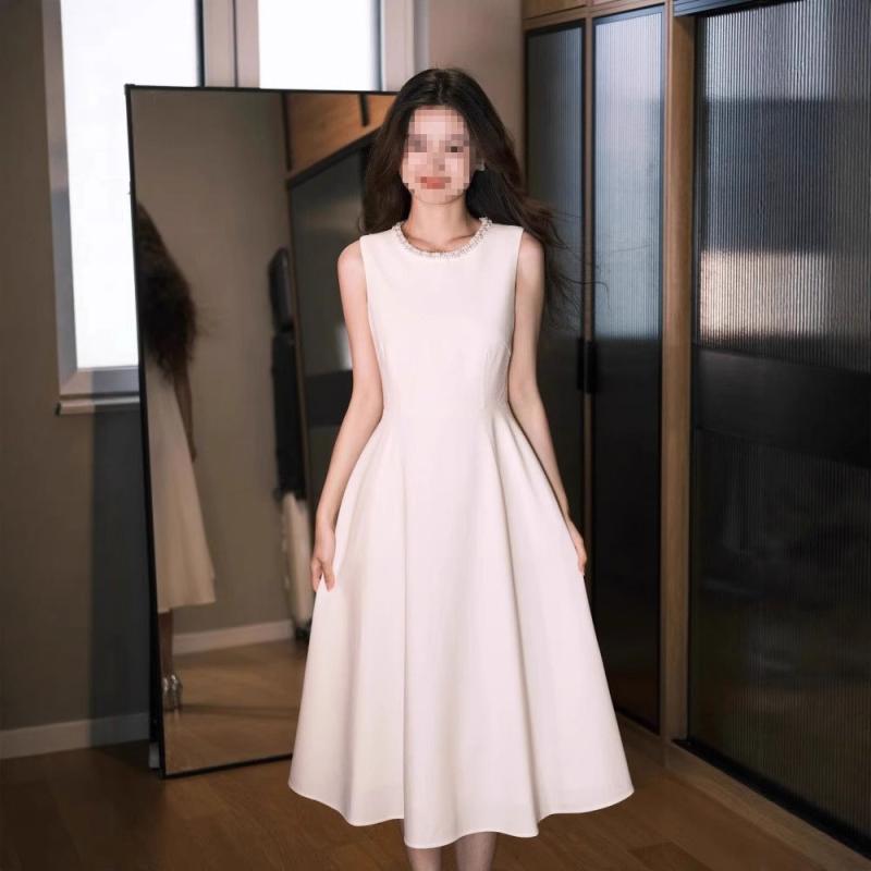 ワンピース レディース ドレス ロング丈 結婚式 披露宴 二次会 フォーマル 春夏 ノースリーブ Uネック ハイウエスト Aライン ギャザー 高級感 エレガント 上品 清楚 ポリエステル 白 黒 礼服 シンプル 無地｜フロントップ店