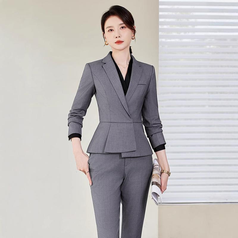 セットアップ レディース 秋冬 事務服 接客 ホテル パンツスーツ ジャケット スラックス フォーマル オフィス ビジネス エレガント 高級感 きれいめ ストレッチ 伸縮性 長袖 無地 ボタン ブラック グレー ブルー