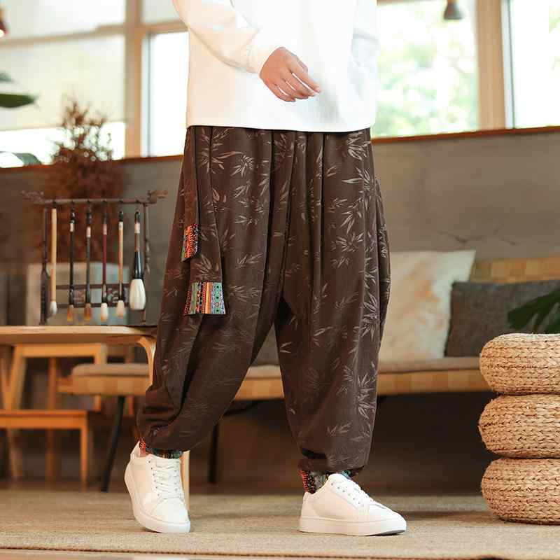 ワイドパンツ メンズ ズボン ボトムス コーデュロイ 綿 高級感 中華風 民族調 エスニック レトロ リーフ 植物 総柄 ゆったり ビッグシルエット サルエル 大きいサイズ 普段使い ダンス 部屋着 秋冬 黒 ブラック ブラウン
