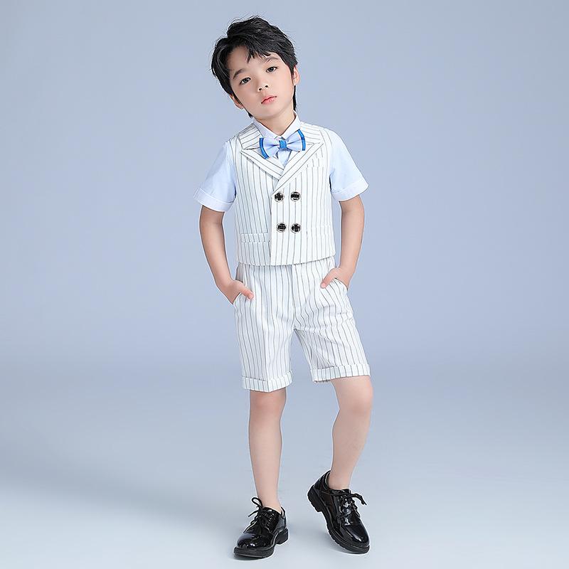 スーツ キッズ 男の子 春秋 セットアップ ベスト パンツ シャツ 蝶ネクタイ フォーマル 発表会 結婚式 七五三 子供服 ジュニア ストライプ柄 英国風 おしゃれ 高級感 柔らか 軽量 ポリエステル