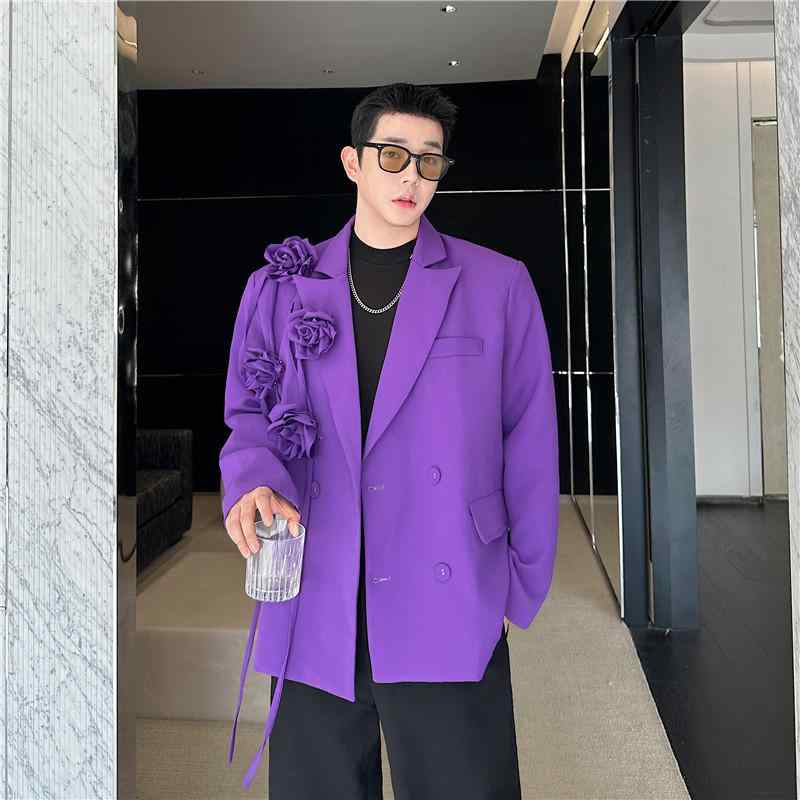 テーラードジャケット メンズ ブレザー 春夏 長袖 ビッグシルエット オーバーサイズ ゆったり 形態安定 ノーアイロン 刺繍 花飾り 取り外し可能 個性的 おしゃれ 紫 パープル 通学 デート 普段使い 合成繊維 ボタン