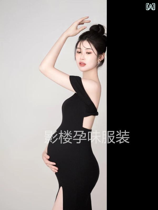 ワンピース レディース 妊婦 マタニティフォト 撮影用 衣装 写真館 セットアップ オフショルダー ボディコン 黒 フランス風 レトロ 高級感 セクシー 春夏 ノースリーブ ウール混 ポリエステル エレガント