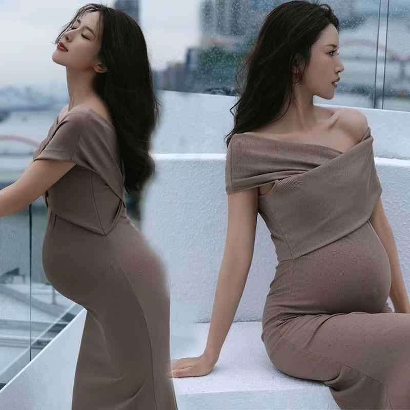 ワンピース レディース 妊婦 撮影用 写真館 スタジオ ドレス ノースリーブ ベアトップ ビスチェ ブラウン レトロ 記念日 マタニティフォト 雑誌風 ウール混 ポリエステル 春夏 プレママ 衣装 伸縮性 おしゃれ 上品