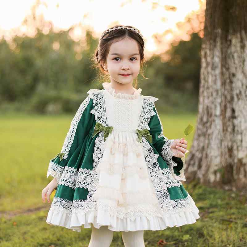 ワンピース 女の子 ロリータ プリンセス ドレス キッズ 子供服 姫系 スペイン風 長袖 ベルベット ベロア 秋冬 厚手 裏起毛 レース フリル かわいい オシャレ グリーン 無地 コットン ポリエステル 発表会 結婚式 パーティー